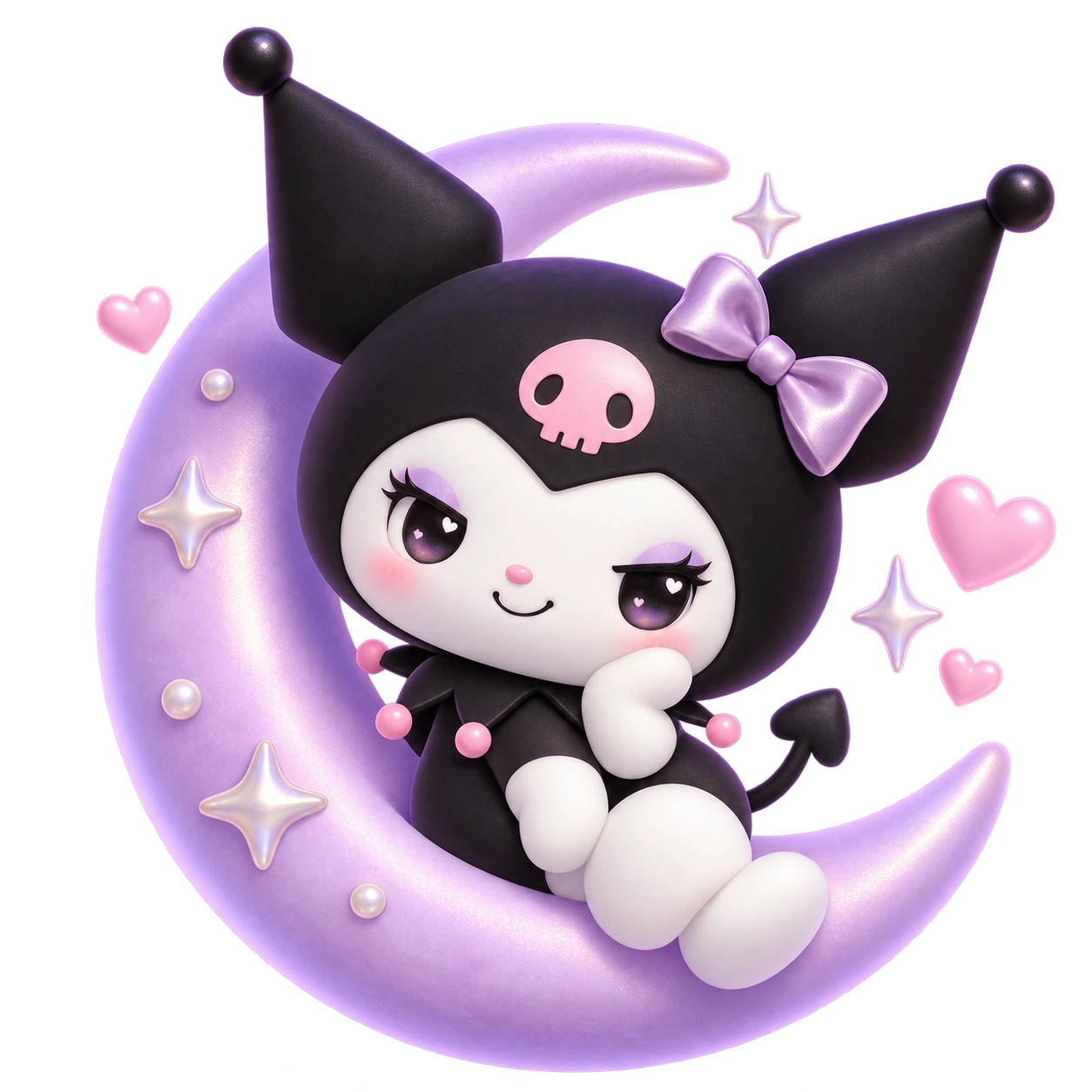 Kuromi sentada em uma lua lilás, cercada por corações e estrelinhas.